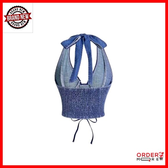 Denim Corset Top Halter Backless Shirred Y2K Crop Tops Women's Chic - Picture 2 of 4